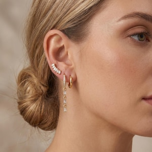 18K Gold Filled CZ Chain Drop Earrings Set,Pave Huggie Hoop Earrings,Gift for Her