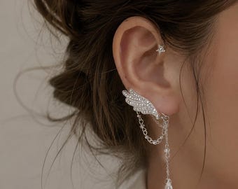 Ätherische Starburst Quaste Ohrmanschette, keine Piercing Kristallkette wickeln, himmlischer Brauthochzeitsschmuck