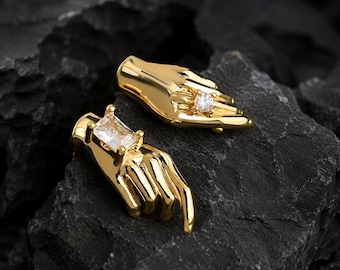 Künstlerische Hand Finger Ohrringe, 18K Vergoldete Sterling Silber Ohrstecker, Minimalistischer Statement Schmuck