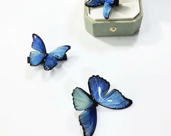 Presilha de cabelo realista em forma de borboleta azul, acessório de cabelo com asas, peça de cabeça para noiva.