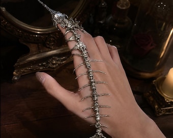Gothic Fischgräte Hand Ketten Ring, Dark Academia Skelett Finger Rüstung, Punk Statement Schmuck