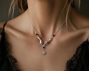 Gothic Skelett Hand Halskette, Silber Anhänger, Dunkle Schmuck, Punk Grunge Choker