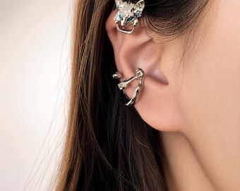 Cat Ear Cuff Earrings, Gothic Silver Crystal Kitty Ear Wrap, Y2K Punk Jewelry