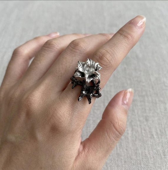 Iris Flower Ring | Two-Tone Botanical Jewelry | Adjustable Oxidized Band