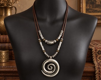 Vintage Inspired Spiral Pendant Necklace, Layered Brown Cord Necklace, Silver Tone Boho Statement Jewelry, Gift for Her