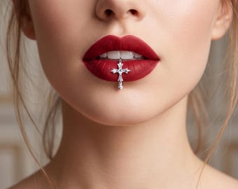 Punk Kreuz Lippenspange, Titan Stahl Imitat-Lippenpiercing, zierlicher Strassclip