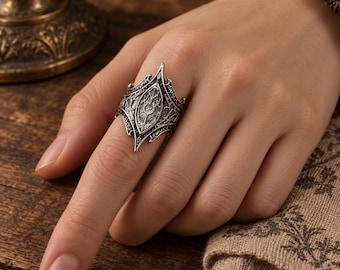 Vintage Inspired Gothic Ring, Ornate Silver Tone Statement Ring, Medieval Fantasy Wide Band, Dark Boho Jewelry Gift