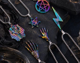 Gothic Regenbogen Anhänger Halskette, Schädel Hand Pharao Charme, Punk Streetwear Schmuck