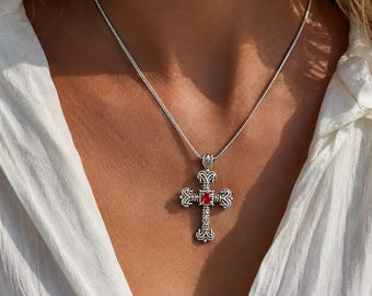 Vintage Kreuz Anhänger Halskette, Antikes Silber, Edelstein Kette, Gothic Hip-Hop-Stil