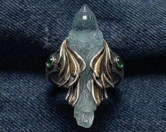 Ringe-Gothic Phoenix Ring, Sterling Silber Gold Flügel Eisblau Vogel Schmuck