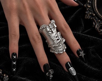 Gothic Corset Ring Silver Victorian Bow Ring Dark Romance Jewelry Steampunk Statement Ring Halloween Gift Unique Gothic Fashion Accessory