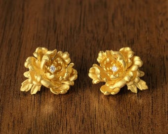 Frau Ohrringe-Matte Gold Pfingstrose Blume Ohrstecker, Realistische Botanische Kristall Schmuck