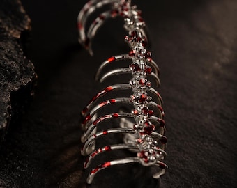 Gothic Rib Cage Ear Cuff Ring, Silver Skeleton Finger Armor Jewelry with Red Rhinestone Details, Dark Fantasy Vampire Statement Accessory
