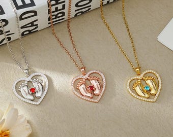 Personalisierte Baby Fußabdrücke Herz Halskette, Benutzerdefinierte Name Birthstone Schmuck, Mutter Kind Andenken