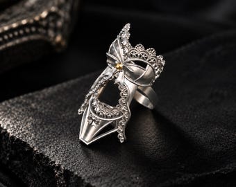 Gothic Armor Ring Silver Victorian Statement Ring Lace Filigree Finger Claw Ring Dark Fantasy Jewelry Halloween Gothic Accessory Gift