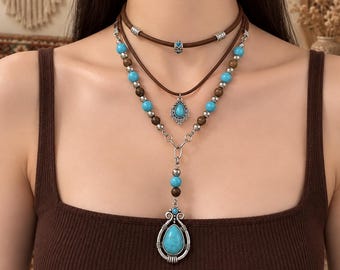 Vintage Inspired Turquoise Color Necklace, Brown Cord Teardrop Pendant, Layered Boho Western Jewelry, Gift for Her