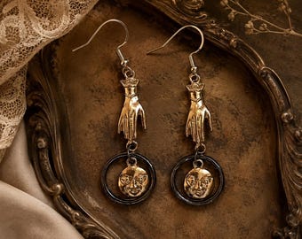Vintage Gold Prayer Hand Earrings, Boho Cai Shen Wealth Charm Drop Jewelry