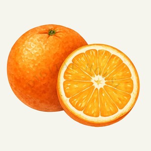 Puede incluir: Una naranja entera con una cáscara texturizada de color naranja vibrante junto a una rodaja de naranja cortada por la mitad, que revela el interior jugoso y segmentado con una piel clara y pulpa naranja brillante en una ilustración.