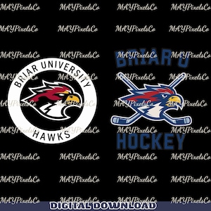 May include: Two digital designs on a black background. One features a white circle with "BRIAR UNIVERSITY" and "HAWKS" around a red and yellow hawk. The other design has a hawk with crossed hockey sticks and the word "HOCKEY".