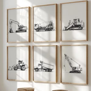 Construction Vehicle Wall Art Set of 6 Prints, Black and White Boys Excavator Bulldozer Minimalist Toddler Room Neutral Kids Printable