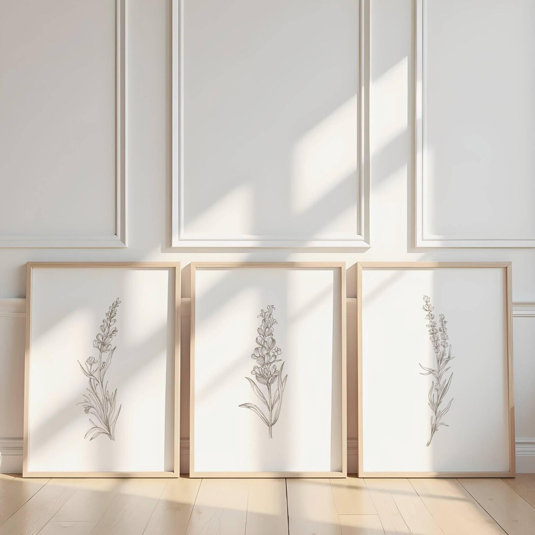 Wildflower Line Art Set of 3 Prints, Botanical Boho Wall Art, Neutral ...