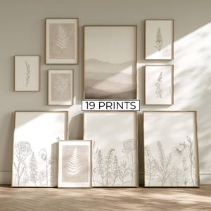 Lot de 19 impressions murales Boho, fleurs sauvages minimalistes beiges, dessin floral botanique neutre et feuilles pressées en téléchargement numérique