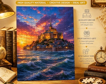 May include: A wooden jigsaw puzzle featuring a scenic view of a castle on an island at sunset. The puzzle is available in 300, 500, and 1000 pieces. The image includes text that reads "Wooden Jigsaw Puzzle" and "High Quality Material, Creative Design, Ideal Gift."