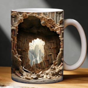 Taza creativa con diseño de estantería 3D, taza de café con ilusión óptica, ideal para amantes de los libros.