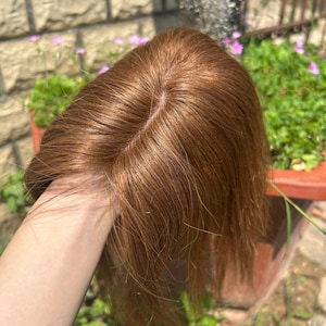 Puede incluir: Una pieza de cabello castaño rojizo con una raya de aspecto natural. La pieza de cabello se sostiene, mostrando el color y la textura del cabello. El fondo presenta vegetación y un muro de ladrillos.
