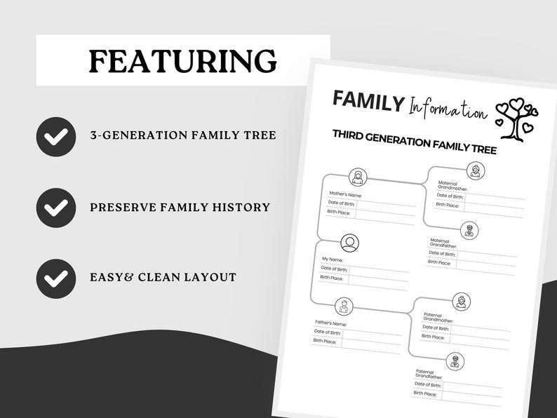 May include: A black and white family tree template with the text "FAMILY Information" and "THIRD GENERATION FAMILY TREE". The template includes spaces to fill in family member names, dates, and places of birth. The image also features the text "FEATURING".