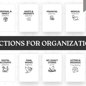 May include: Eight white cards with black text and illustrations, including categories such as "Assets & Property Information" and "Final Wishes Preparation." The banner reads "SECTIONS FOR ORGANIZATION".