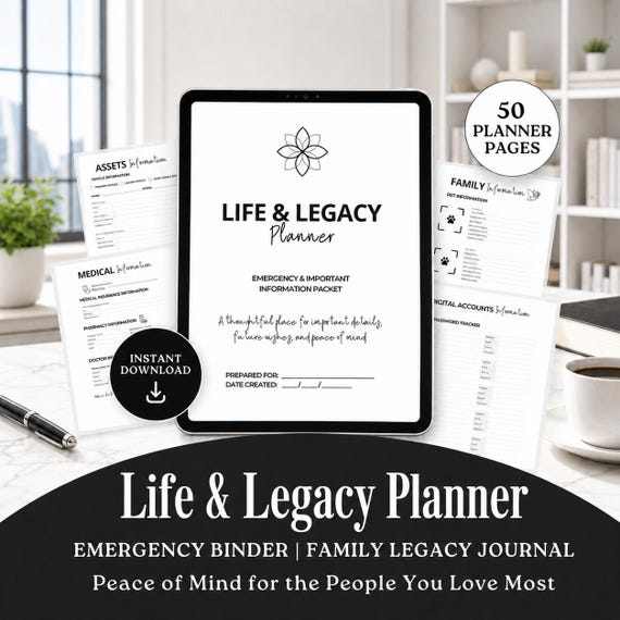 Life & Legacy Planner | Emergency Binder, Final Wishes Organizer (Digital Download)