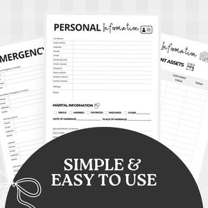 May include: Three white sheets of paper with black text. The top sheet reads "PERSONAL Information" and includes fields for full name, date of birth, and other personal details. The bottom sheet has the text "SIMPLE & EASY TO USE".