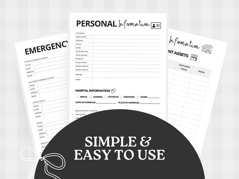 May include: Three white sheets of paper with black text. The top sheet reads "PERSONAL Information" and includes fields for full name, date of birth, and other personal details. The bottom sheet has the text "SIMPLE & EASY TO USE".