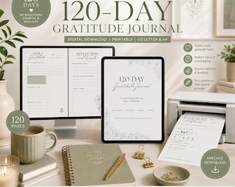 Journal de gratitude guidé de 120 jours - Thème calme et douillet sauge et blanc - PDF imprimable