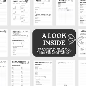 May include: A set of black and white printable planner pages. The pages cover family, financial, medical, and digital account details. A central graphic states "A Look Inside" and "Designed to help you organise, protect, and prepare your family."