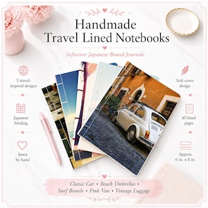 May include: A stack of travel-themed, softcover lined notebooks. The notebooks feature images of a classic car, beach umbrellas, surfboards, a pink van, and vintage luggage. Each notebook is approximately 6 inches by 8 inches.