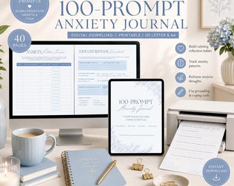100-Prompt Anxiety Journal  - Blue & White Soothing Calm Theme - PDF Printable