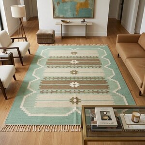 Tappeto Dhurrie verde salvia tessuto a mano / Kilim in cotone, tappeto a righe boho 6x8