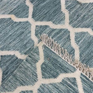 Handwoven Teal Moroccan Trellis Rug | Flat Weave Wool Dhurrie | Custom Size Coastal Living Room Carpet
