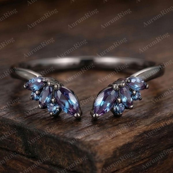 Black Gold Alexandrite Stack Ring Gothic Open Gap Band Curved Women's Wedding Band Rose Gold Color Changed June Birthstone Stackable Ring