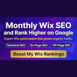 Könnte beinhalten: Grafik mit blau-violettem Farbverlauf im Hintergrund. Der Text lautet "Monthly Wix SEO and Rank Higher on Google". Darunter stehen die Wörter "Technical SEO", "On-Page SEO" und "Off-Page SEO". Ein goldener Button zeigt "Boost My Wix Rankings".