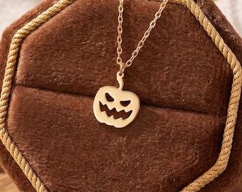 Pumpkin Charm Necklace, Jack O Lantern Pendant, Cable Chain, Halloween Jewelry Gift For Her, Spooky Pendant Necklace