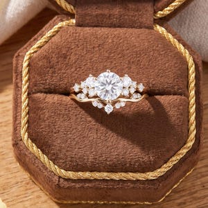 Moissanite Bridal Ring Set, Sterling Silver Cluster Contour Bands, Engagement Ring