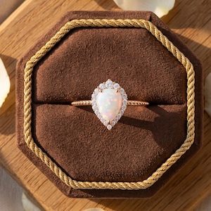 Pear Cut Opal Halo Ring, 18K Rose Gold Vermeil, Vintage Moissanite Band, October Birthstone