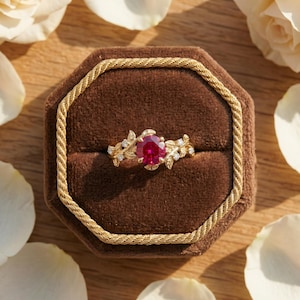 May include: A gold ring featuring a round, vibrant red gemstone at the center, flanked by delicate, sculpted gold leaves and small, clear accent stones. The ring is displayed in a dark brown, octagonal velvet box with a gold rope-style trim.