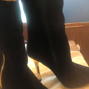 Vintage Black Suede Boots Gold Stiletto 4&quot; Heel Knee High Zippered by Mark. LTD Size 6