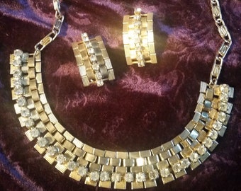 Vintage Sparkling Rhinestone Collar Choker Necklace And Matching Rhinestone Clip Earrings Set