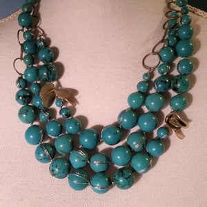 Aqua Turquoise Blue Three Strand Riverstone Brass Beaded Necklace by Coldwater Creek