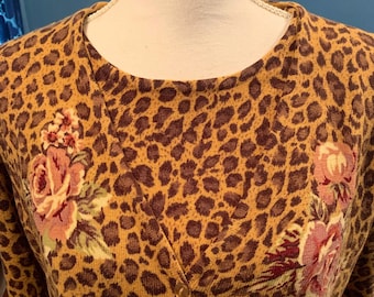 Thin Sweater ~ Camel Tan Brown Rose Animal Print Button Front Long Sleeved Sweater Size Medium